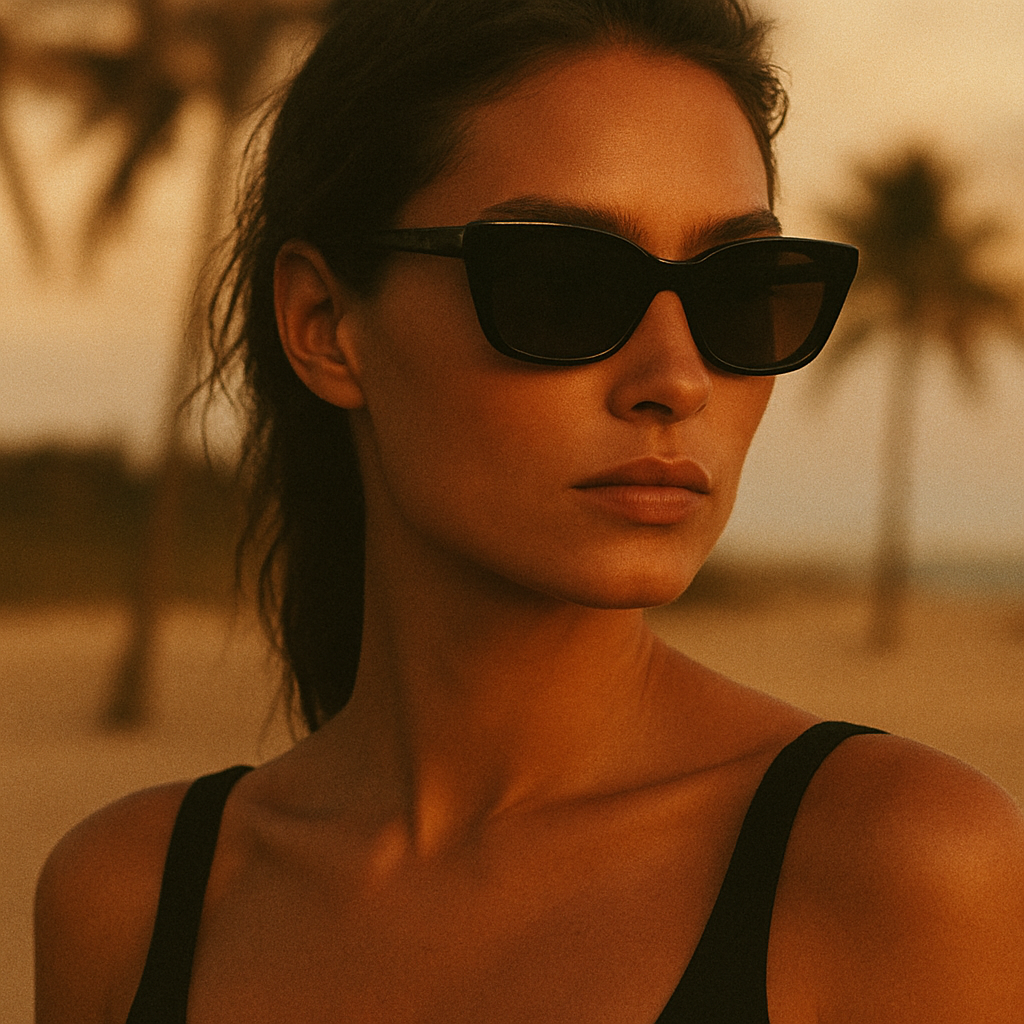 Mujer con anteojos Eye & Dear en la hora dorada en una playa de Miami